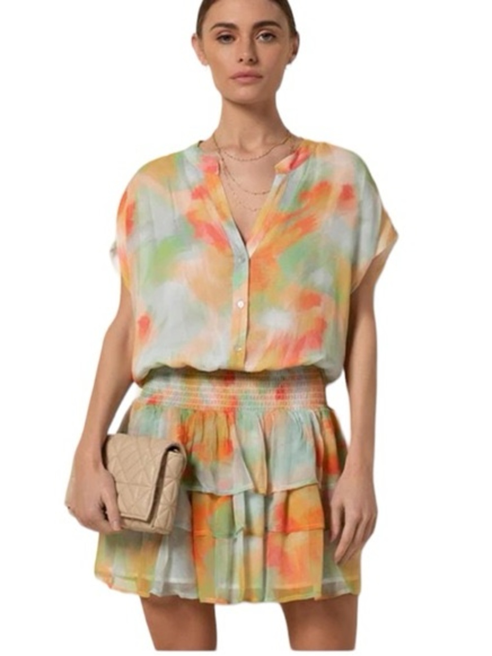 Tart Pastel Watercolor Mini Dress in Orange, Green & Blue